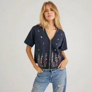 Vintage 90s-y2k Wildflowers Embroidered Short Sleeved Cardigan‎ Sz 8 Navy